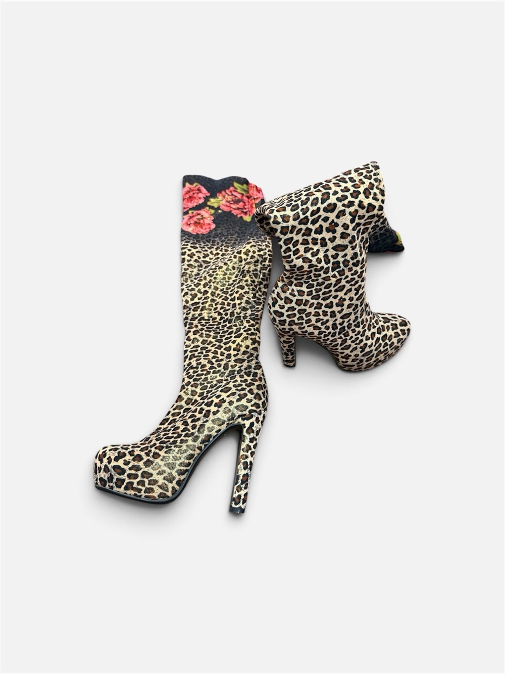 Leopard Print High Heel Knee Boots with Floral Accent - Women's